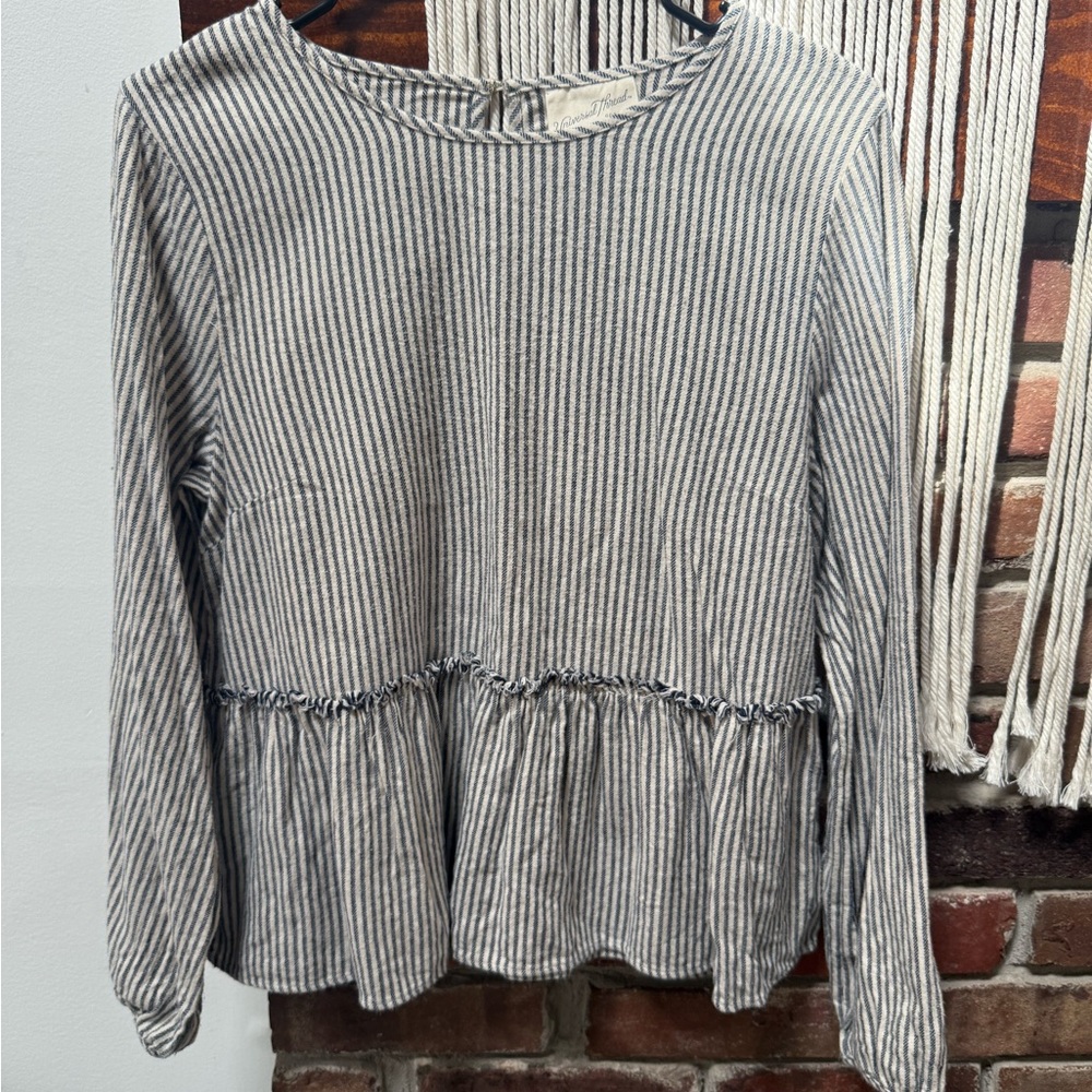 Universal Thread Blue and Cream Striped Peplum Long-Sleeve Top